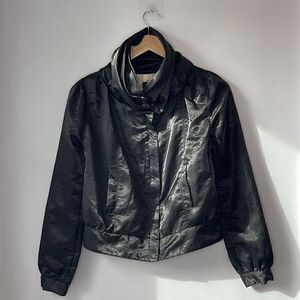 Aryn K Satin Bomber Jacket Couture Collar